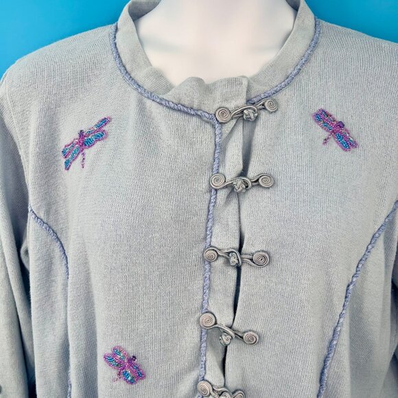 STORYBOOK KNITS LT BLUE BEADED DRAGONFLY KNOT CLOSURE RUFFLED CARDIGAN SWEATER - - Picture 2 of 6